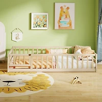Costway Twin Size Floor Bed with Door & Fence with Safety Guardrails & Slats Support