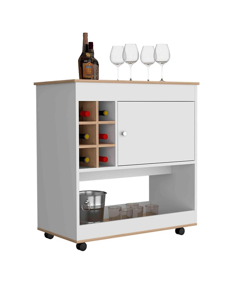 Flynama Light Oak/White Bar Cart with 6 Bottle Cubbies, 1 Cabinet and 4 Casters