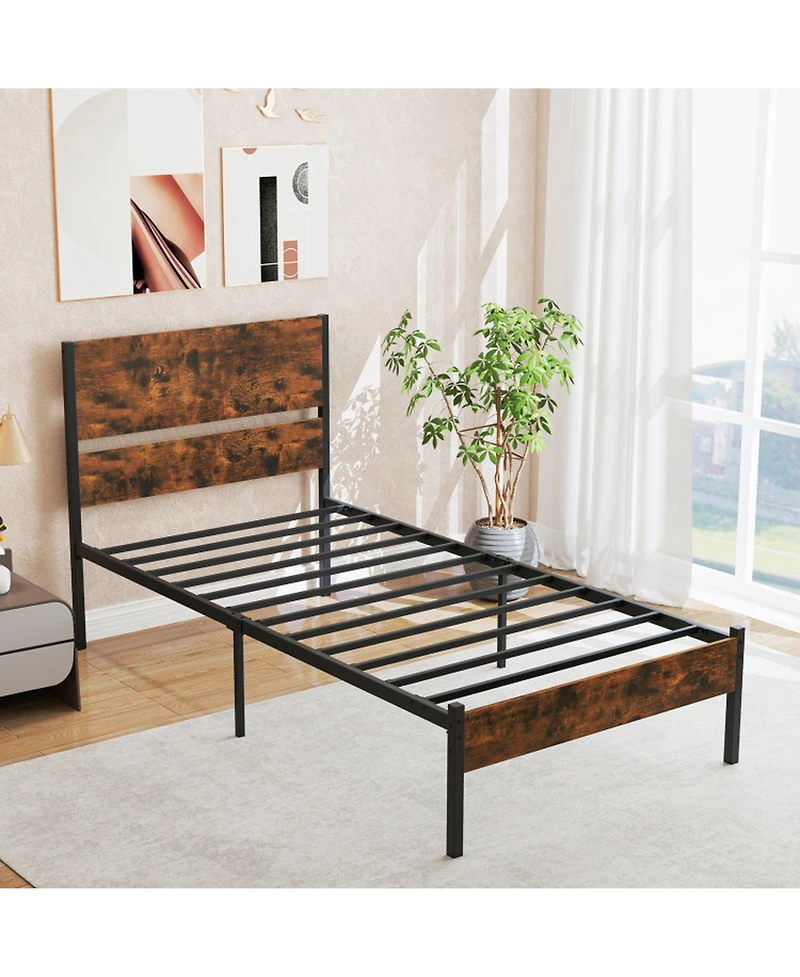 Gouun Twin Metal and Wood Platform Bed Frame with Headboard