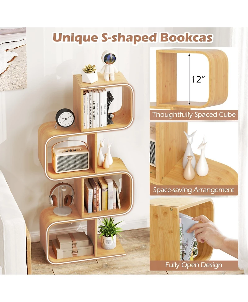 Sugift Four Tier S Shaped Bamboo Bookcase with Open Cubes