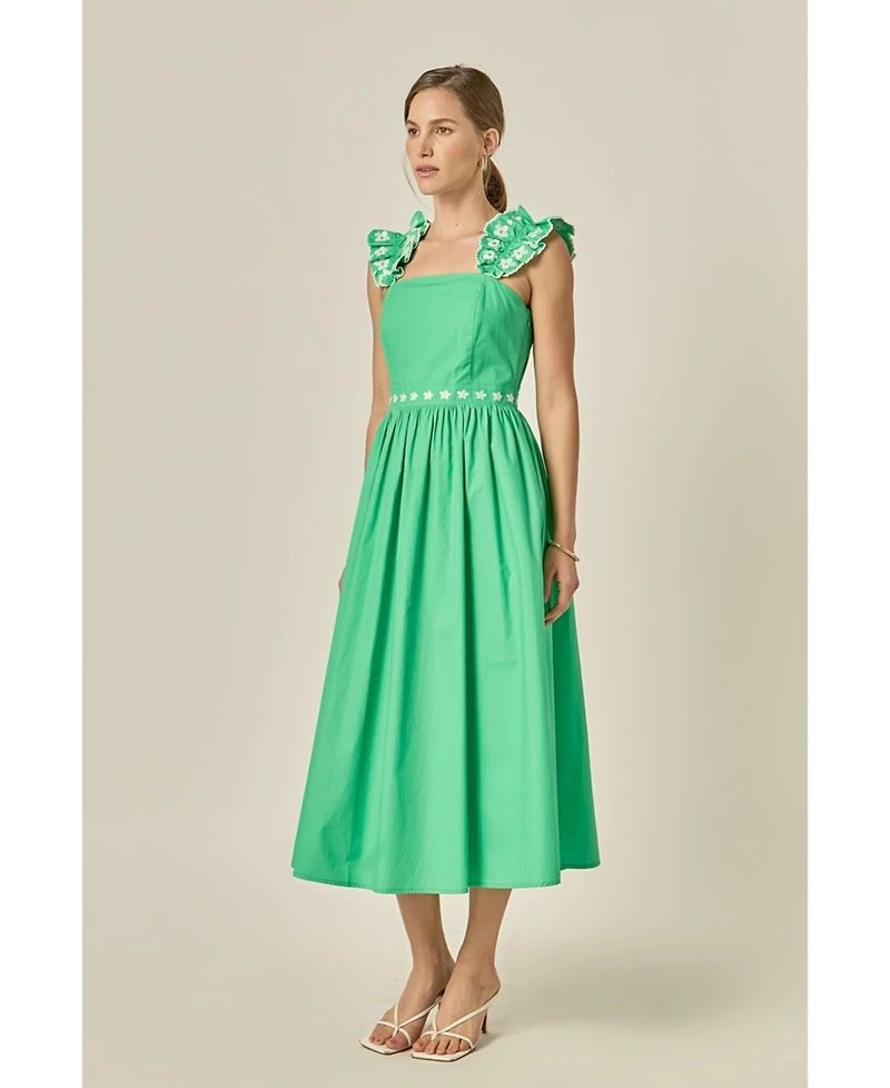 English Factory Women's Flower Embroidered Ruffle Midi Dress