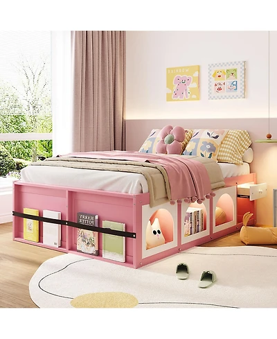 Rainsken Modern Wooden Full Size Platform Bed Frame for Kids Teens, Integrated with Bookshelf, Side Display Cabinet, Led Lighting and Storage Drawer