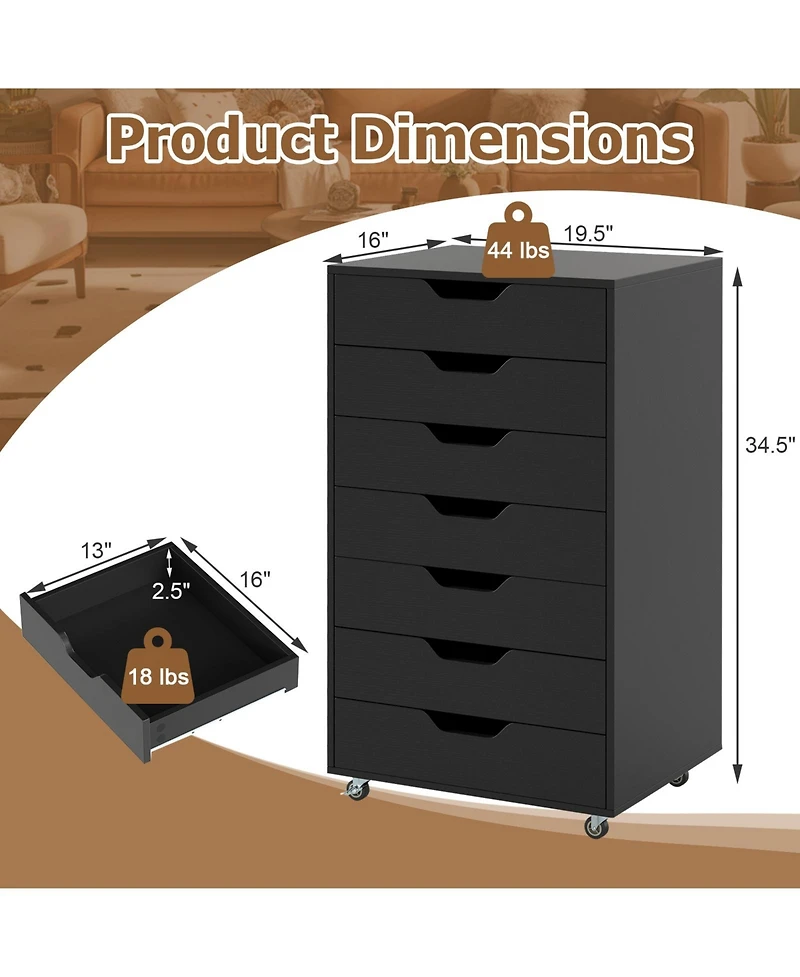 Slickblue Wooden 7-Drawer Chest with Lockable Wheels for Storage