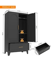 Rainsken Wardrobe Cabinet, 60" Tall Armoire Wardrobe Closet with 1 Drawer, 2 Doors and Hanging Rod, Farmhouse Clothing Storage Cabinet for Bedroom