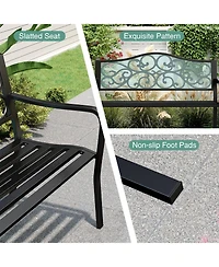 Sugift 50 Inches Outdoor Cast Iron Metal Patio Bench with Floral Design Backrest and Slatted Seat