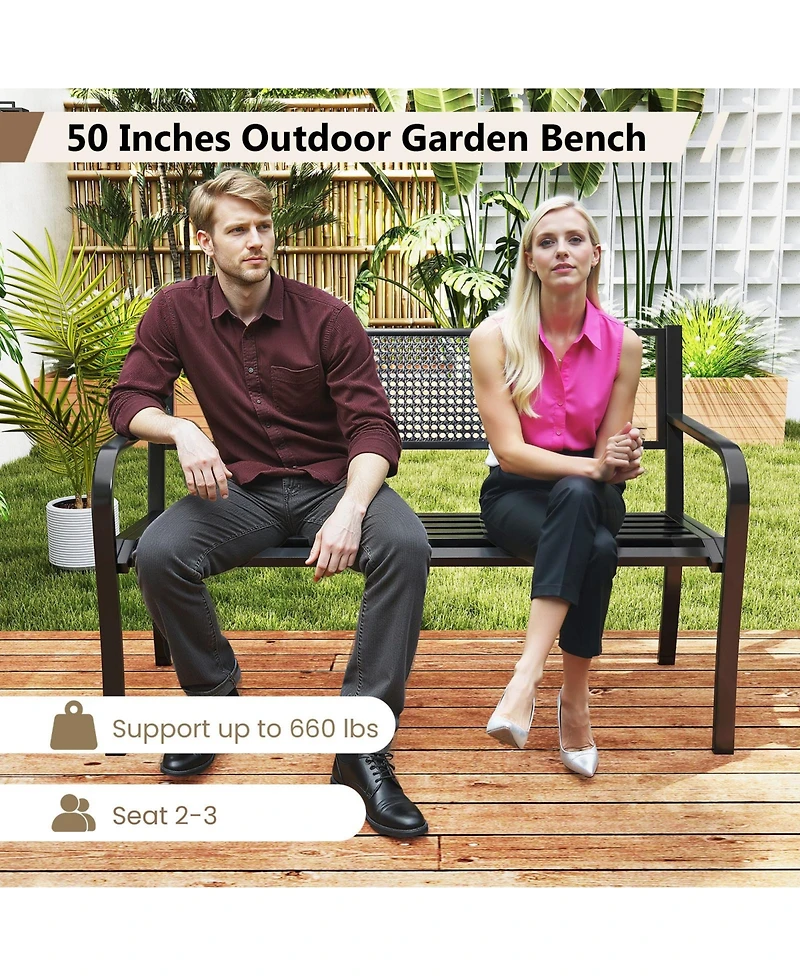 Sugift 50 Inches Garden Bench with Patterned Backrest and Curved Armrests