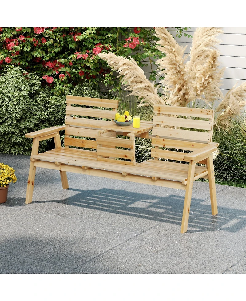 Sugift Outdoor Fir Wood Bench with Foldable Middle Table
