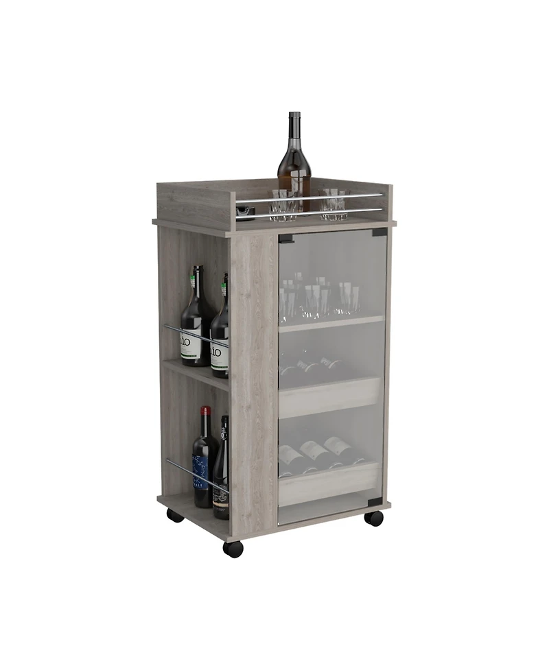 flynama Bar Cart with Glass Door, 2-Side Shelves and Casters