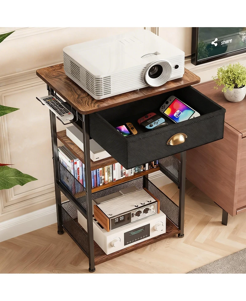 Yigii 4-Tier Media Stand with Drawer Game Console Shelf Audio Rack Tower with 2 Hooks