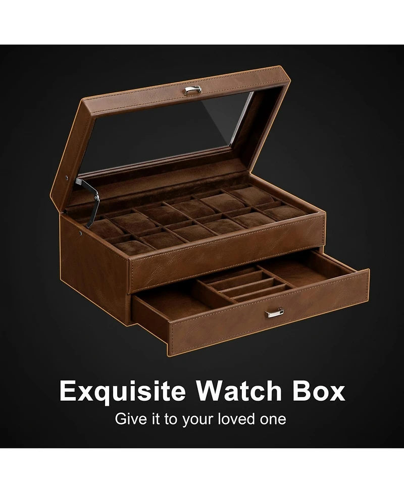 Yigii 2Layer 12Slot Watch Box Pu Leather Removable Pillows Clear Glass Lid Organizer Storage