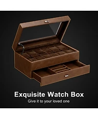 Yigii 2Layer 12Slot Watch Box Pu Leather Removable Pillows Clear Glass Lid Organizer Storage