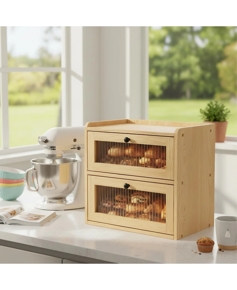 Yigii Double Layer Wooden Bread Box with Window Ventilation Pine Construction Countertop Storage