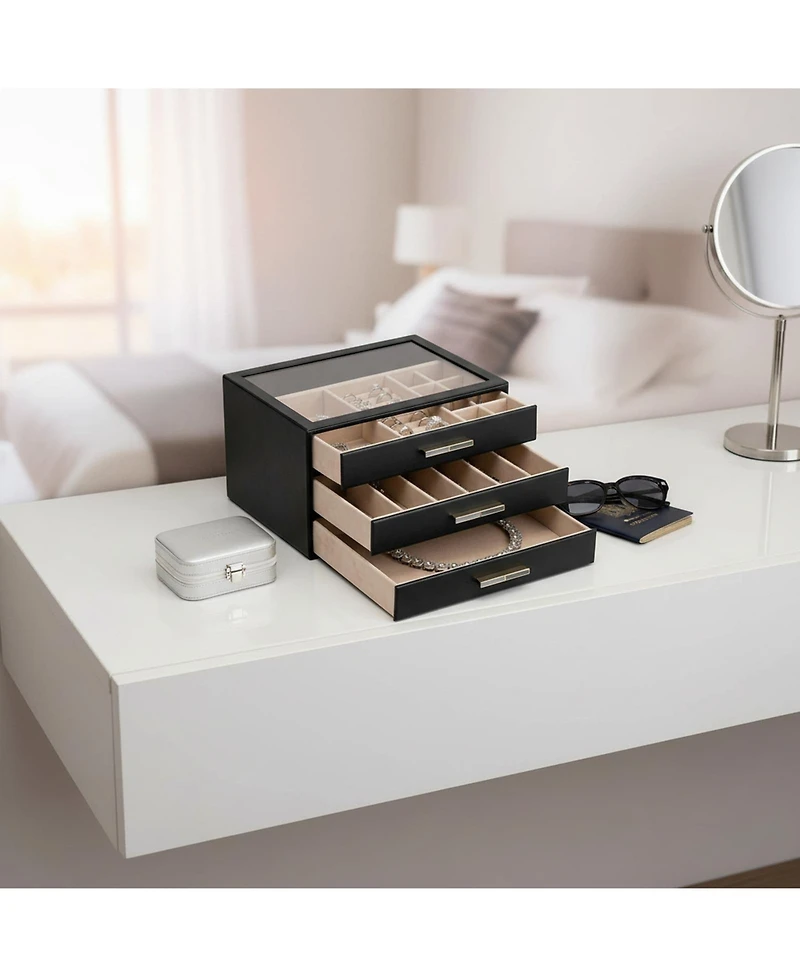 Yigii 3-Layer Organizer with Drawers Glass Lid Display Storage Soft Pu Leather Exterior Contrast Metal Handles Refined Style