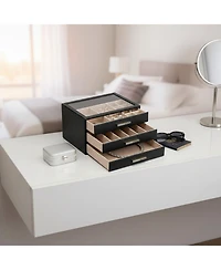 Yigii 3-Layer Organizer with Drawers Glass Lid Display Storage Soft Pu Leather Exterior Contrast Metal Handles Refined Style