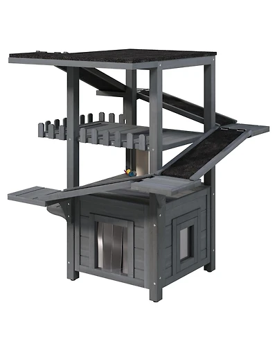 Aostirmotor Outdoor Cat House 4 Tiers, Weatherproof Cat Tree Tower with Waterproof Roof, Multi-Level Play Zones with Balcony and 2 Doors, Grey