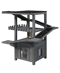 Aostirmotor Outdoor Cat House 4 Tiers, Weatherproof Cat Tree Tower with Waterproof Roof, Multi-Level Play Zones with Balcony and 2 Doors, Grey