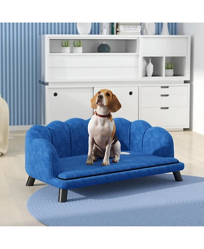 Aostirmotor Velvet Large Dog Couch Bed with Foam Cushion, Pearl Design, Soft Dog Sofa for Big and Medium Dogs, Dark Blue