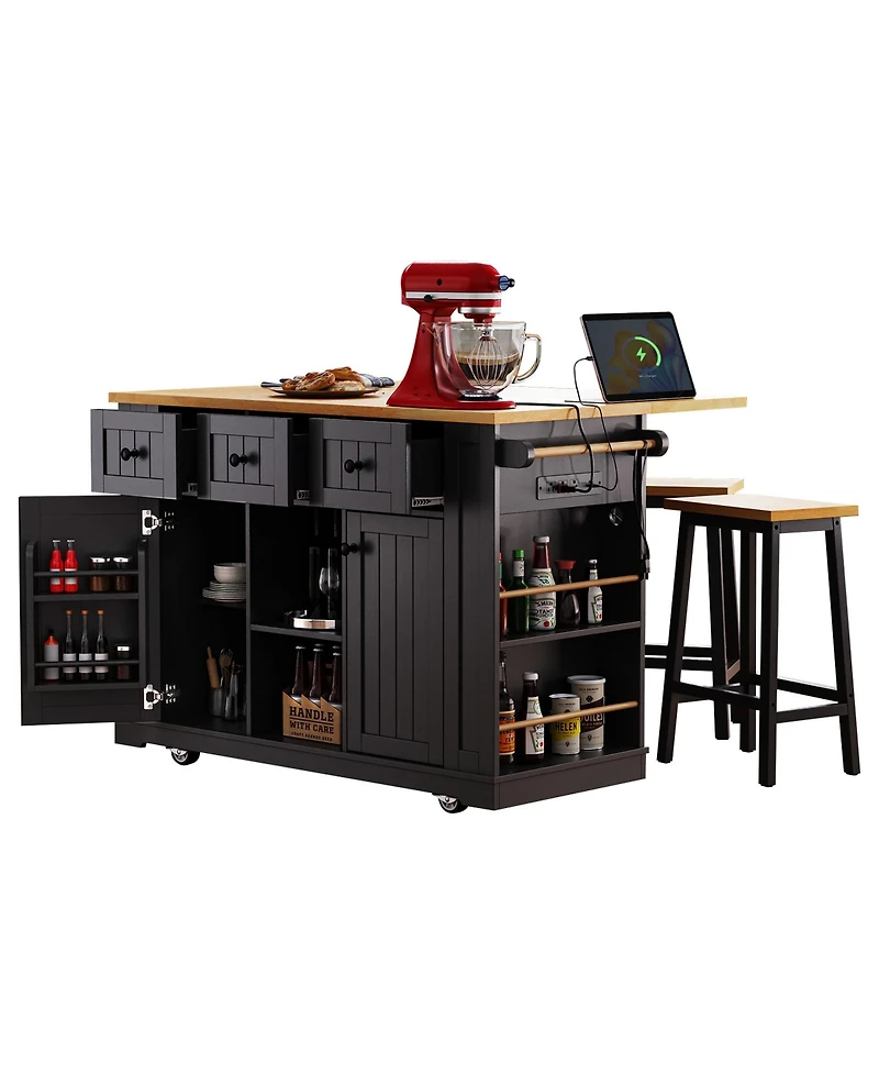 flynama 53" Kitchen Island with 2 Bar Stools, Power Outlet, Drop Leaf and 5 Lockable Wheels