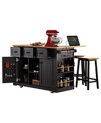 flynama 53" Kitchen Island with 2 Bar Stools, Power Outlet, Drop Leaf and 5 Lockable Wheels