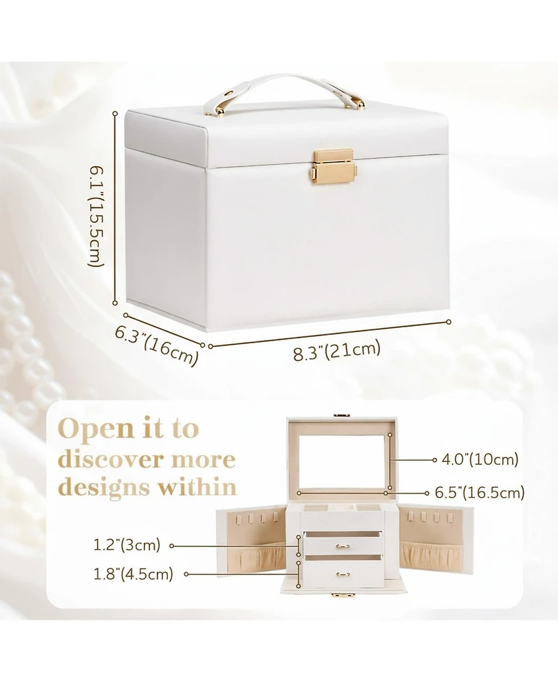 Yigii Lockable 3 Layer Jewelry Organizer with Mirror Drawers Necklace Earring Ring Storage for Women Dresser Gifts