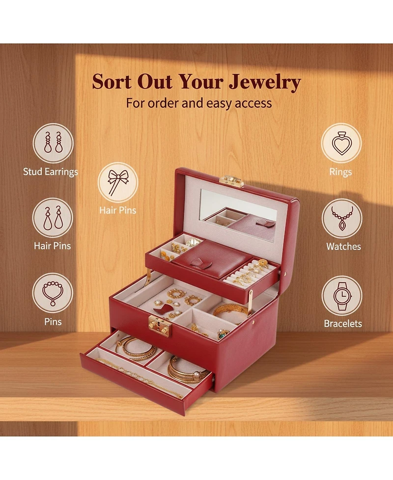 Yigii 3 Layers Leather Jewelry Storage Box with Lock Mirror Drawers for Necklaces Earrings Bracelets Rings