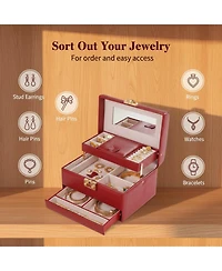 Yigii 3 Layers Leather Jewelry Storage Box with Lock Mirror Drawers for Necklaces Earrings Bracelets Rings