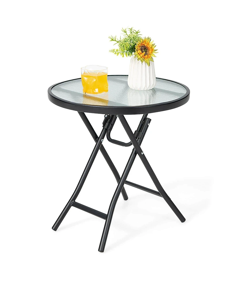 Sugift Patio Side Table with Tempered Glass Tabletop