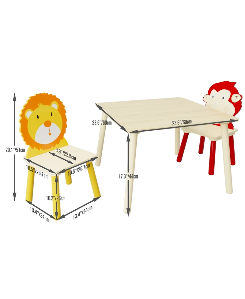 Rainsken 3 Piece Wood Table and Chair Set, w/ 2 LionandMonkey Animals Chairs, Wood Activity Tables Drawing Play Table Set, for Age 2-6 Boy Girl
