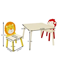 Rainsken 3 Piece Wood Table and Chair Set, w/ 2 LionandMonkey Animals Chairs, Wood Activity Tables Drawing Play Table Set, for Age 2-6 Boy Girl