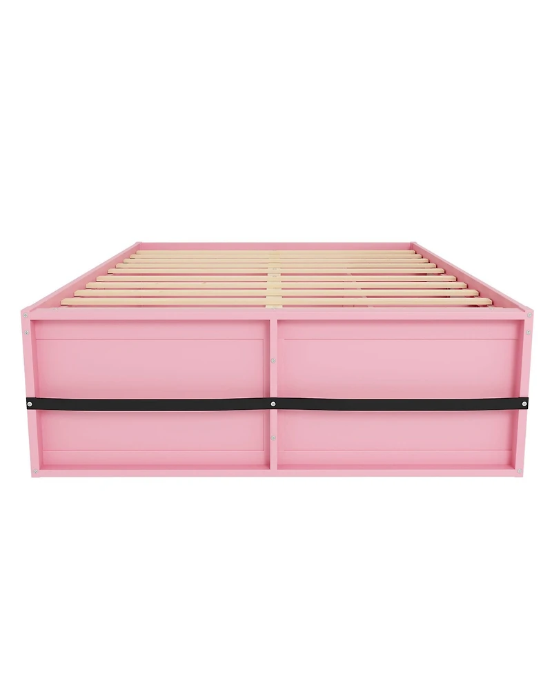 Rainsken Queen Modern Wooden Platform Bed for Kids and Teens, Space-Saving Storage Bed Frame with Bookshelf, Drawer and Led Lighted Display Cabinet