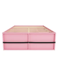 Rainsken Queen Modern Wooden Platform Bed for Kids and Teens, Space-Saving Storage Bed Frame with Bookshelf, Drawer and Led Lighted Display Cabinet