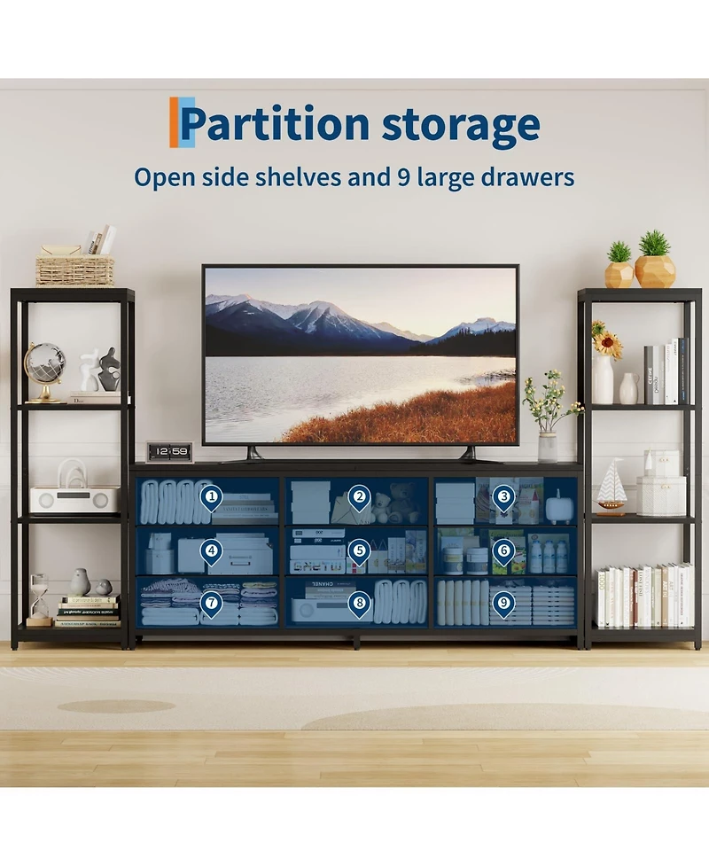 gaomon Tv Stand Dresser for Up to 75" Tv, 9 Fabric Drawers, 2 4-Tier Shelves, Wood Look