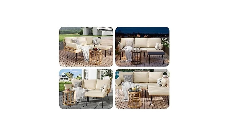gaomon 3-Piece Patio Furniture Set, All Weather Rattan Sofa with Tempered Glass Coffee Table and Thick Cushions, Sectional L-Shaped Patio Furniture