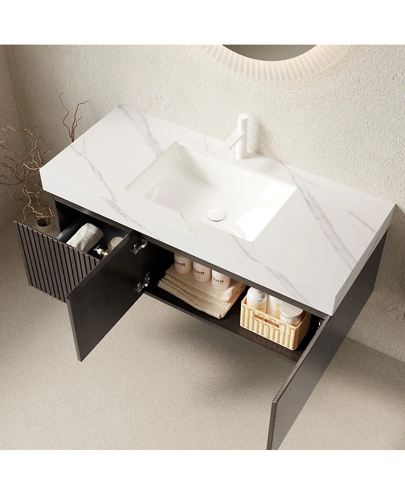 Sillysis Inch Wall Mounted Bathroom Vanity with Carrara Sintered Stone Top, Ceramic Sink