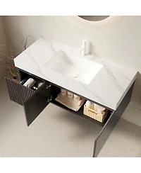 Sillysis Inch Wall Mounted Bathroom Vanity with Carrara Sintered Stone Top, Ceramic Sink