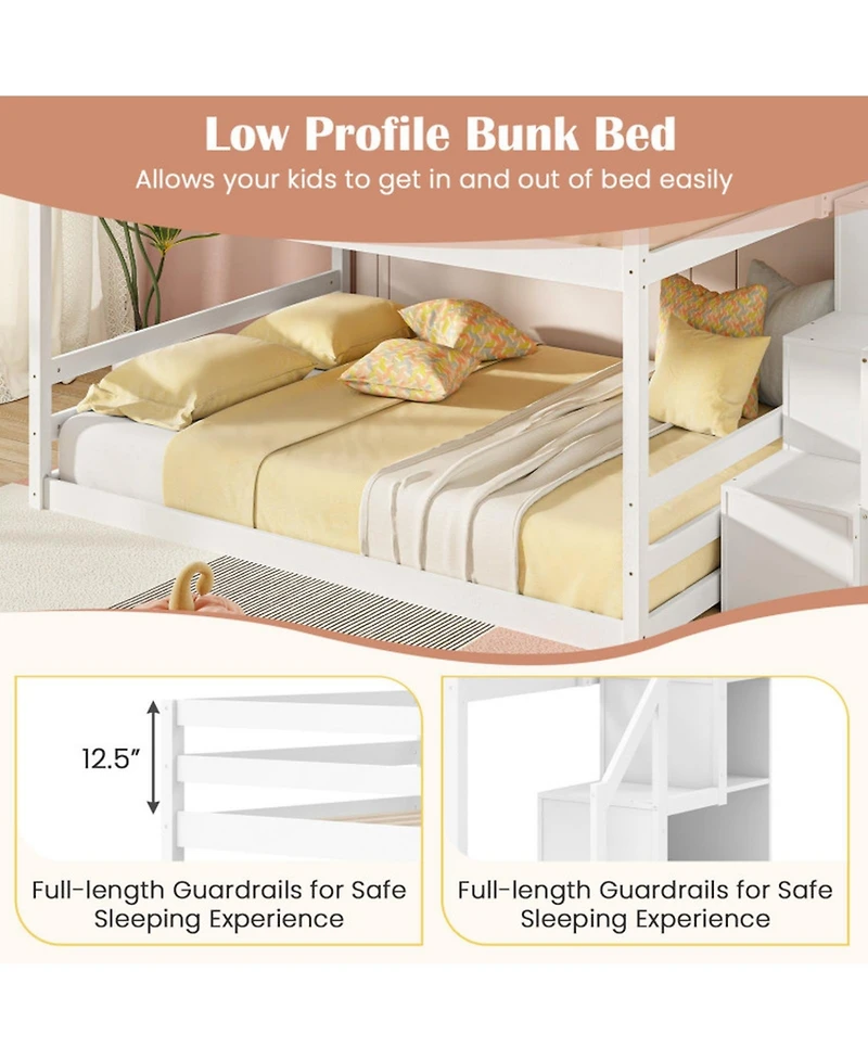 Gouun Pine Wood Full Over Full Bunk Bed with Storage Stairs