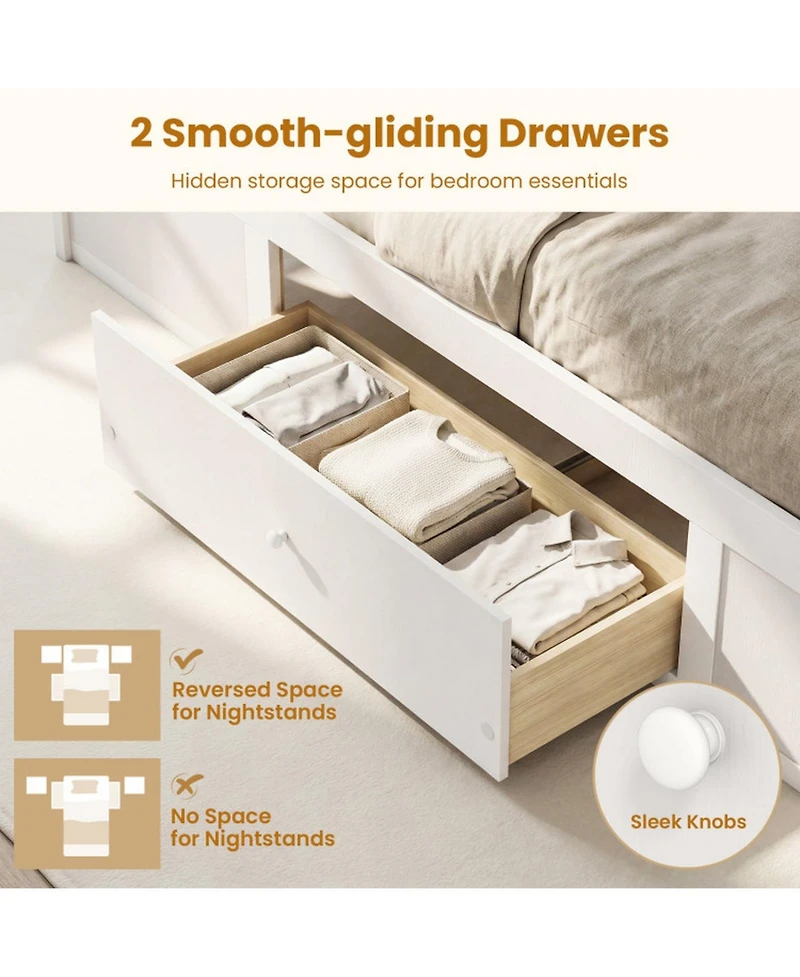 Gouun Twin Solid Wood Platform Bed Frame with Storage Drawers and Rattan Headboard