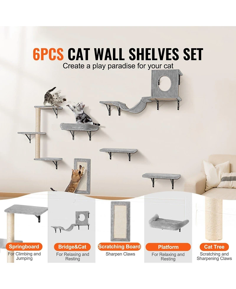 Cozito Wall Mounted Cat Shelves 6 Piece Hammock Perch Sisal