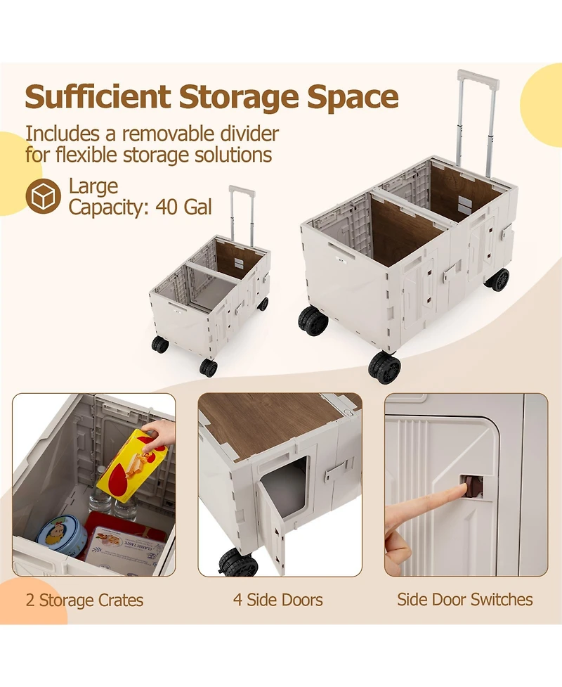 Sugift Large Foldable Utility Cart with 2-Tier Storage Crates and Telescoping Handle