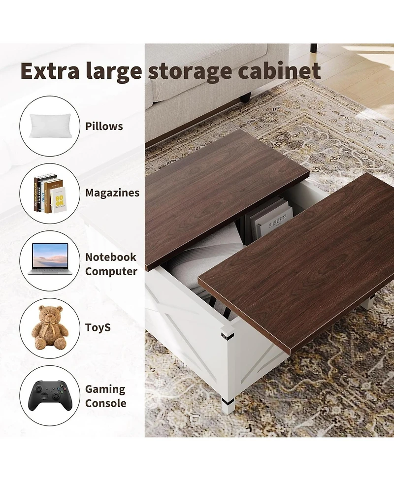 gaomon Farmhouse Coffee Table with Lift Top, 31.5 Inch Square Rustic Cocktail Table with Storage, x-Shaped Design and Industrial Metal Accents