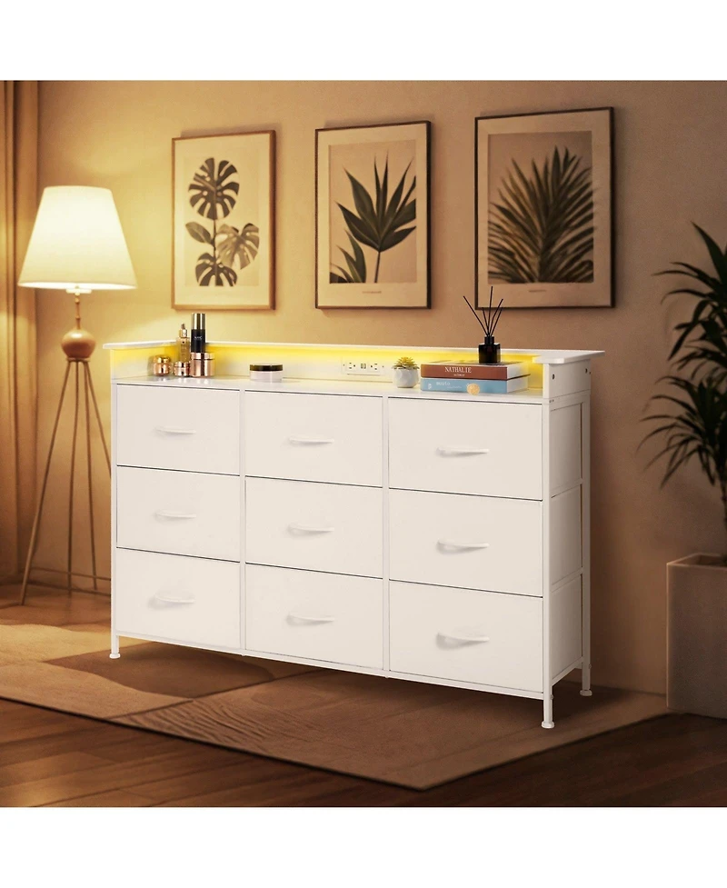 Gouun Led 9-Drawer Fabric Dresser with Built-In Outlet and Metal Frame