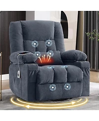 Rainsken Oversized Swivel Rocking Recliner Chair with Massage, Heating, Usb Port and Dual Cup Holders, Comfortable Single Sofa for Living Room