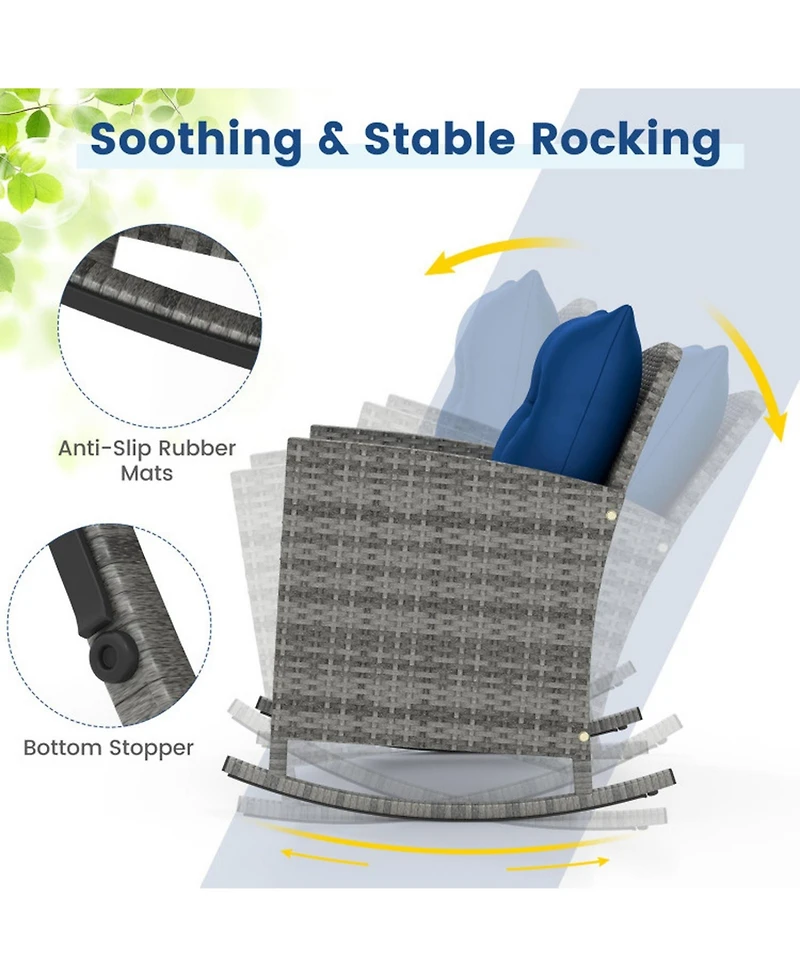 Gouun 3-Piece Pe Rattan Rocking Chair Patio Set with Glass Side Table and Cushions