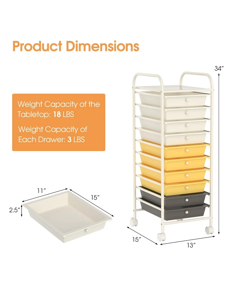 Sugift 10 Drawer Rolling Storage Cart Organizer with 4 Universal Casters
