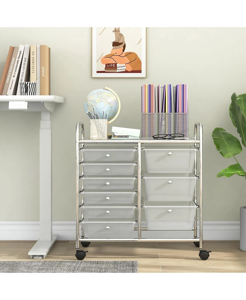Sugift 9-Drawer Rolling Storage Cart with Colorful Drawers and Metal Frame-Transparent