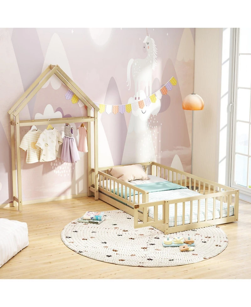 Gouun Twin House Floor Bed with House-Shaped Headboard