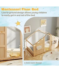 Sugift Twin Size House Bed with Led Lights Montessori Slat-free Floor Bed