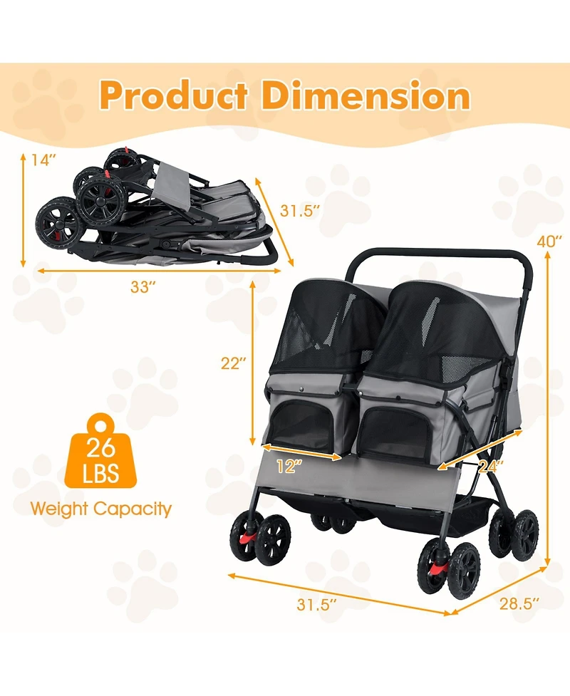Cozito Foldable Double Pet Stroller with Sunshade and Basket