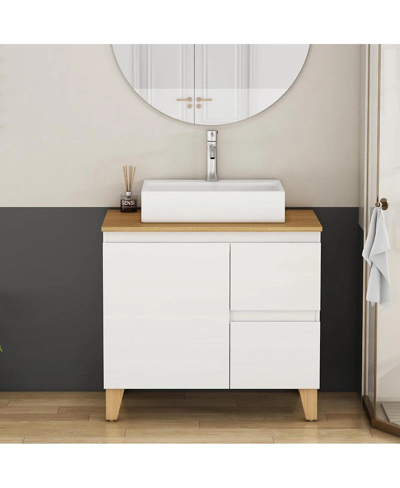 Sillysis Bathroom Vanity with Solid Wood Top, Square Ceramic Sink, Soft Close Drawers for Modern Bathrooms