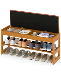 Gouun 2-Tier Rubberwood Shoe Bench with Flip-Open Storage